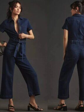 Anthropologie Maeve Denim Jumpsuit Size 0 Wide Leg Belted Utility One Piece